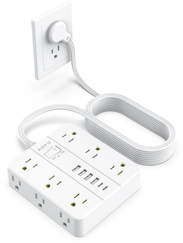 Main image of 15FT Power Strip, Flat Plug Extension Cord with Multiple Outlets 12 AC Outlets with 6 USB Ports (2 USB-C), Wall Mount for Home Office,Dorm, White