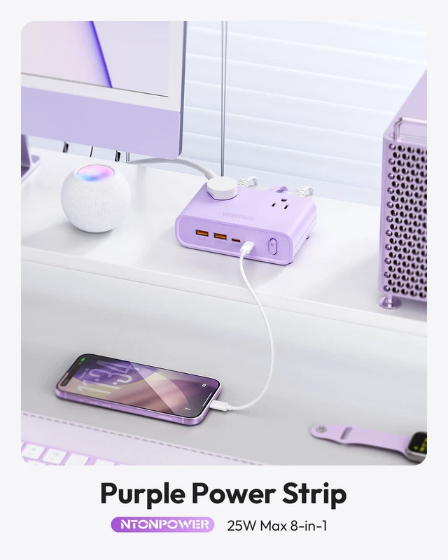 Alt view image 2 of 7 - Purple Power Strip, 25W Max 8-in-1 with 4 AC, 4 USB(2 USB C) 10ft Flat Extension Cord, Power Strip with USB Ports, Outlet Extender for Home Office, School Dorm Room Essentials