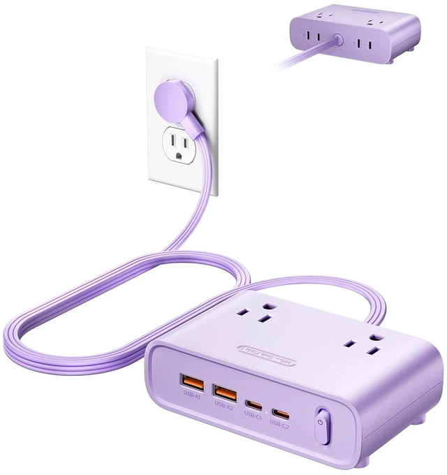 Main image of Purple Power Strip, 25W Max 8-in-1 with 4 AC, 4 USB(2 USB C) 10ft Flat Extension Cord, Power Strip with USB Ports, Outlet Extender for Home Office, School Dorm Room Essentials