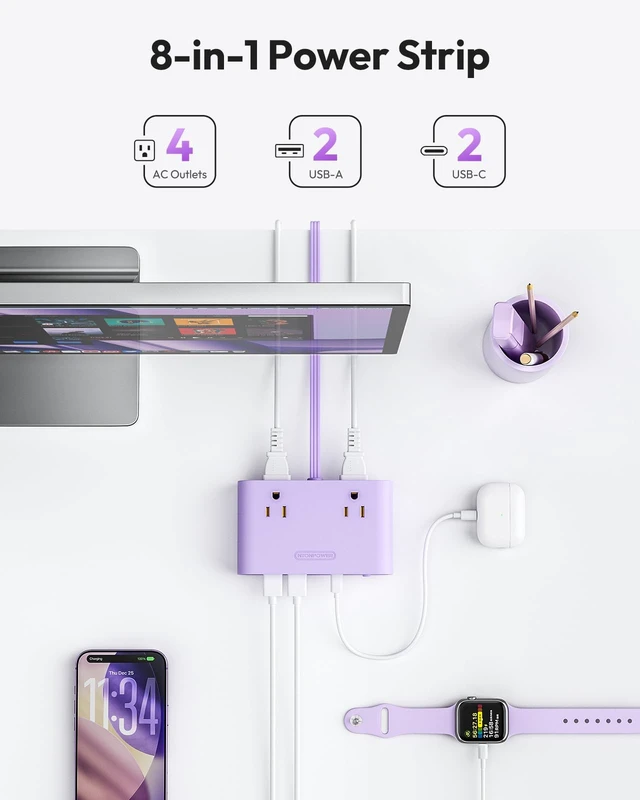 Alt view image 3 of 7 - Purple Power Strip, 25W Max 8-in-1 with 4 AC, 4 USB(2 USB C) 10ft Flat Extension Cord, Power Strip with USB Ports, Outlet Extender for Home Office, School Dorm Room Essentials