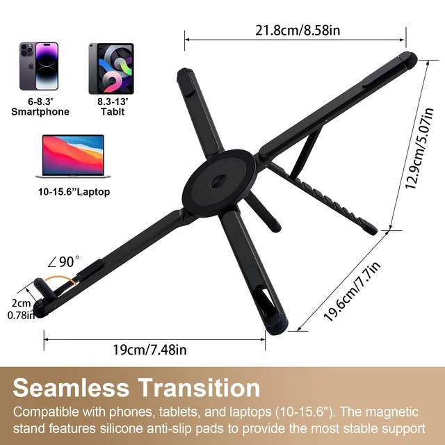 Alt view image 2 of 7 - 3-in-1 Portable Laptop Stand with Magnetic Phone Holder, Black Foldable Stand fit 10-16" Tablet, Phone & Laptop, 8-Level Ergonomic Riser for Home Office Travel, Stable Lightweight Aluminum
