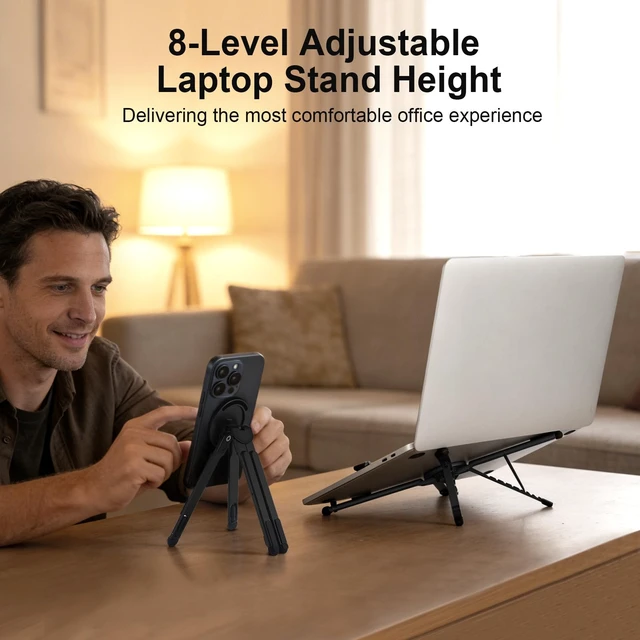 Alt view image 3 of 7 - 3-in-1 Portable Laptop Stand with Magnetic Phone Holder, Black Foldable Stand fit 10-16" Tablet, Phone & Laptop, 8-Level Ergonomic Riser for Home Office Travel, Stable Lightweight Aluminum
