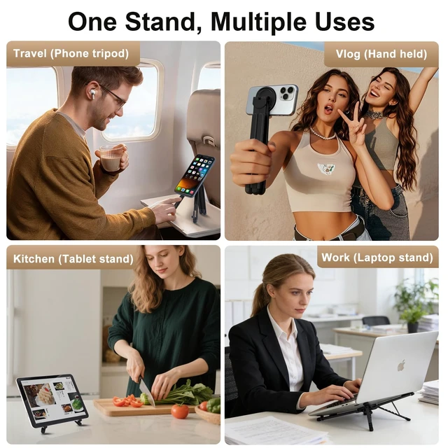 Alt view image 6 of 7 - 3-in-1 Portable Laptop Stand with Magnetic Phone Holder, Black Foldable Stand fit 10-16" Tablet, Phone & Laptop, 8-Level Ergonomic Riser for Home Office Travel, Stable Lightweight Aluminum