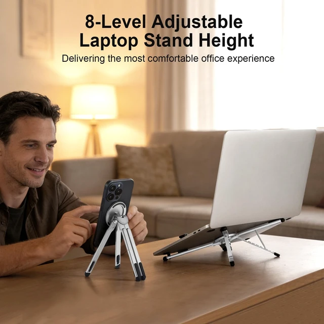 Alt view image 3 of 7 - 3-in-1 Portable Laptop Stand with Magnetic Phone Holder, White Foldable Stand fit 10-16" Tablet, Phone & Laptop, 8-Level Ergonomic Riser for Home Office Travel, Stable Lightweight Aluminum