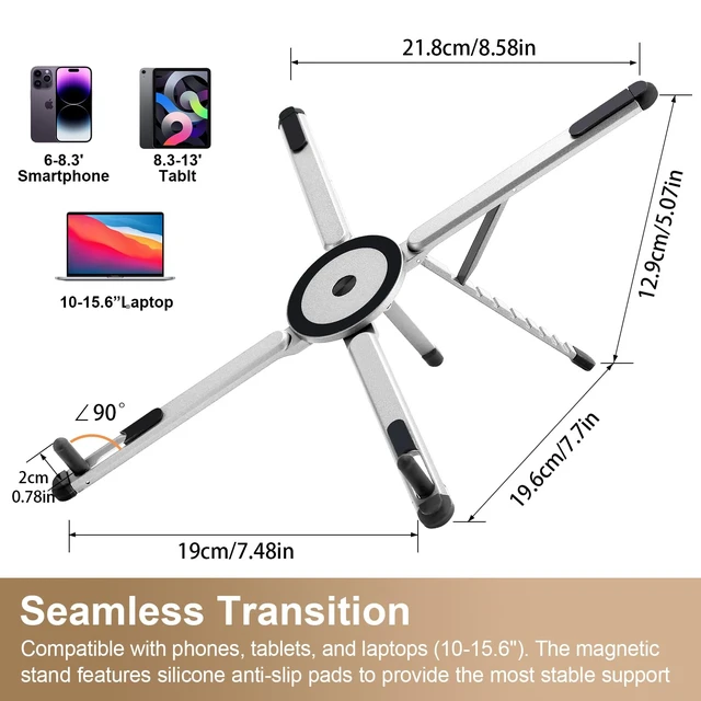 Alt view image 2 of 7 - 3-in-1 Portable Laptop Stand with Magnetic Phone Holder, White Foldable Stand fit 10-16" Tablet, Phone & Laptop, 8-Level Ergonomic Riser for Home Office Travel, Stable Lightweight Aluminum
