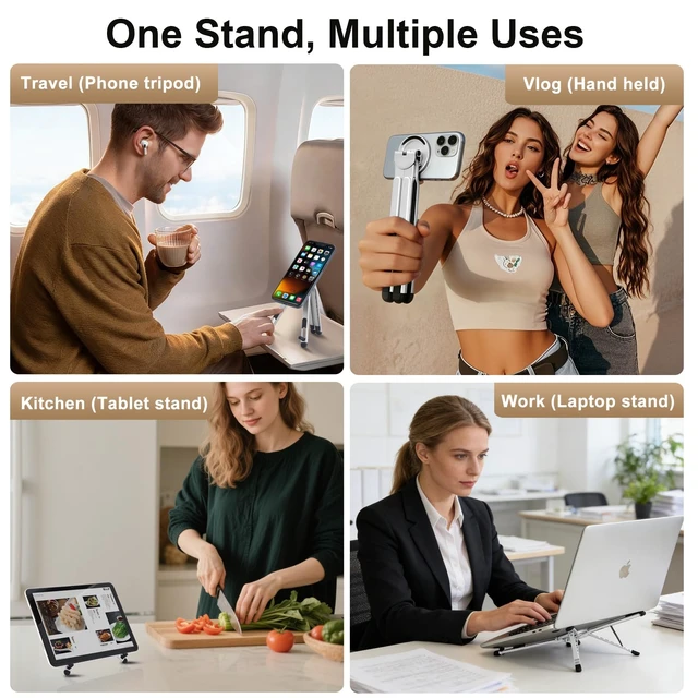 Alt view image 5 of 7 - 3-in-1 Portable Laptop Stand with Magnetic Phone Holder, White Foldable Stand fit 10-16" Tablet, Phone & Laptop, 8-Level Ergonomic Riser for Home Office Travel, Stable Lightweight Aluminum