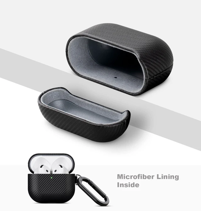 Alt view image 4 of 7 - Case for AirPods 5 / AirPods 4 Carbon Fiber Style Vegan Leather Case PU Leather & PC Dual Layer Protection - Handmade Protective Hard Shell Cover - Air Pods 5 Case Cover with Carabiner - Black