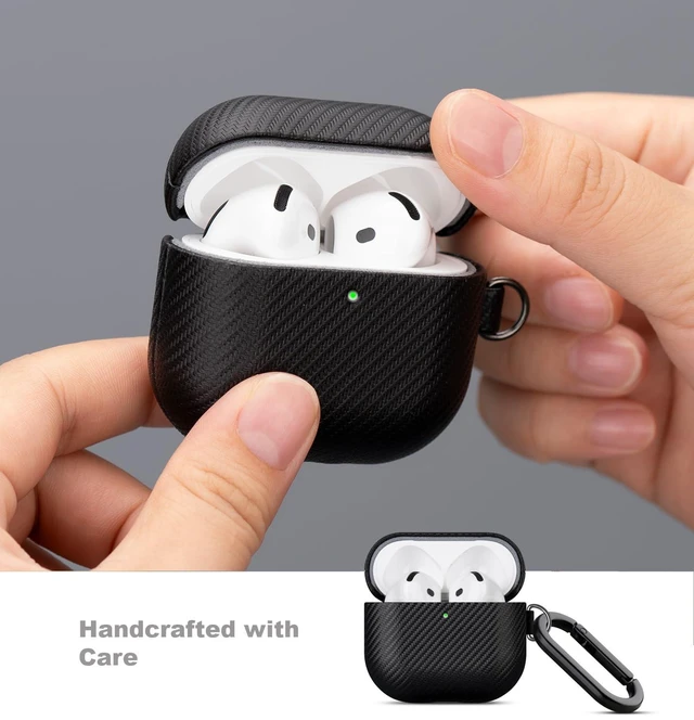 Alt view image 5 of 7 - Case for AirPods 5 / AirPods 4 Carbon Fiber Style Vegan Leather Case PU Leather & PC Dual Layer Protection - Handmade Protective Hard Shell Cover - Air Pods 5 Case Cover with Carabiner - Black