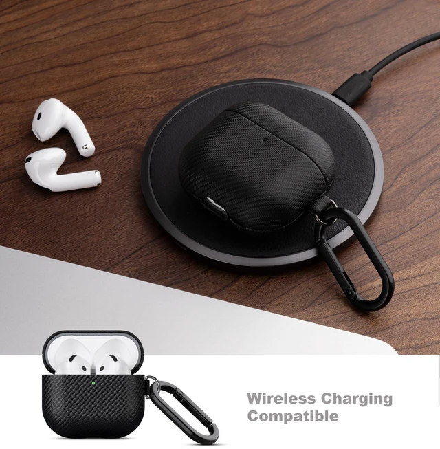 Alt view image 6 of 7 - Case for AirPods 5 / AirPods 4 Carbon Fiber Style Vegan Leather Case PU Leather & PC Dual Layer Protection - Handmade Protective Hard Shell Cover - Air Pods 5 Case Cover with Carabiner - Black