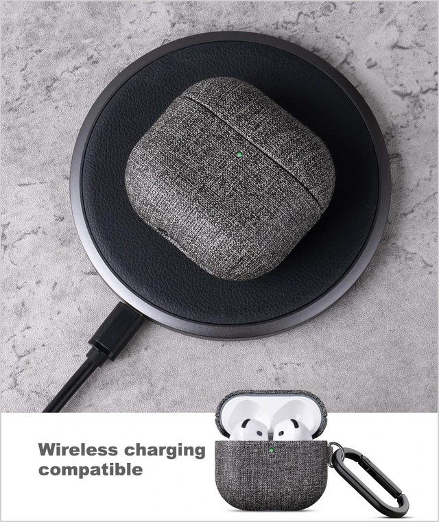 Alt view image 6 of 7 - Case for AirPods 5 / AirPods 4 Canvas Style Vegan Leather Case - Gray PU Leather & PC Dual Layer Protection - Handmade Protective Hard Shell Cover - Air Pods 5th Generation Case with Carabiner