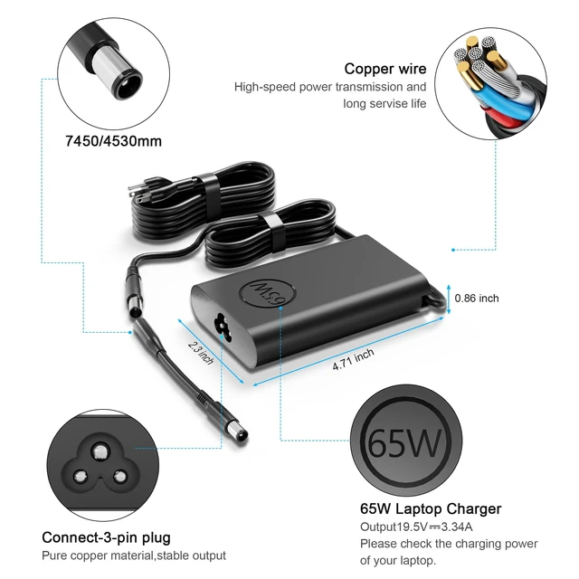 Alt view image 3 of 7 - 65W 19.5V 3.34A AC Charger Replacement for Dell Inspiron 15-7000 15-5000 15-3000 17-7000 17-5000 17-3000 13-7000 11-3000 2 in 1 Series 3558 3181 5100 5535 5555 5558 5559 55677.4mm and 4.5mm