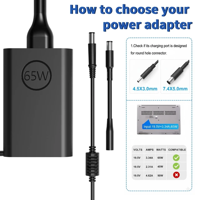 Alt view image 6 of 7 - 65W 19.5V 3.34A AC Charger Replacement for Dell Inspiron 15-7000 15-5000 15-3000 17-7000 17-5000 17-3000 13-7000 11-3000 2 in 1 Series 3558 3181 5100 5535 5555 5558 5559 55677.4mm and 4.5mm