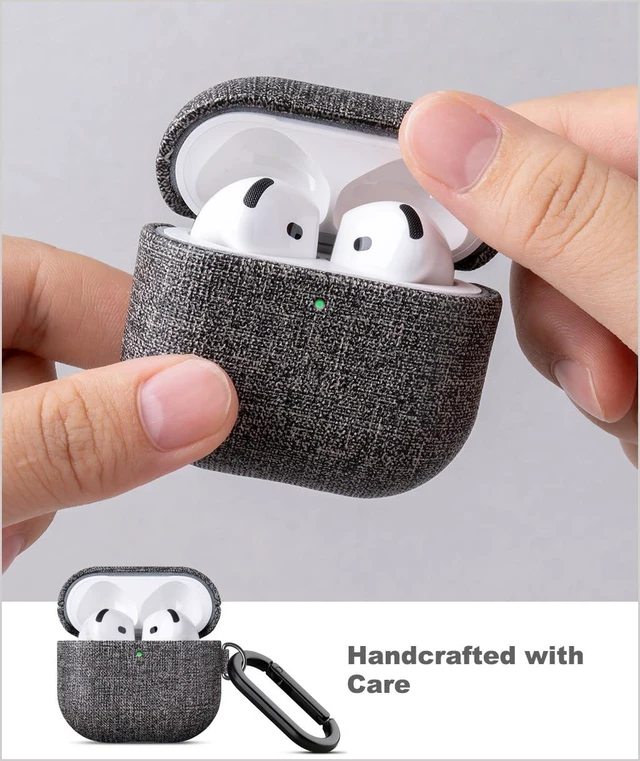 Alt view image 5 of 7 - Case for AirPods 5 / AirPods 4 Canvas Style Vegan Leather Case - Gray PU Leather & PC Dual Layer Protection - Handmade Protective Hard Shell Cover - Air Pods 5th Generation Case with Carabiner