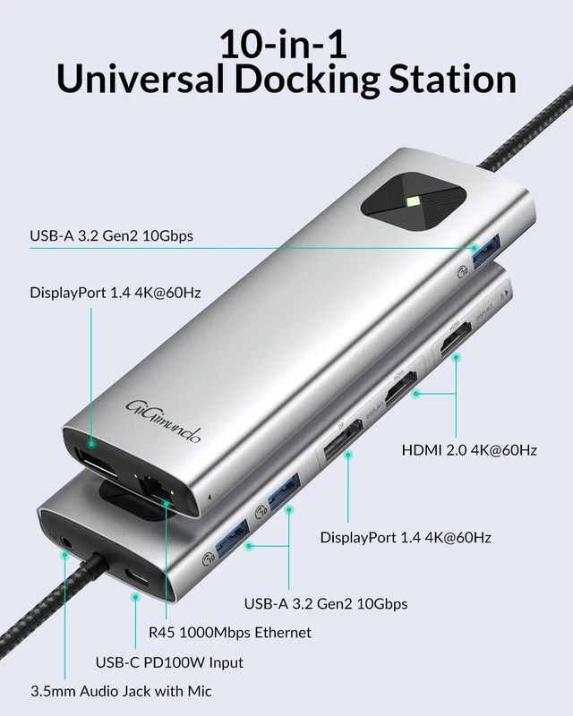 Alt view image 2 of 7 - LK10 10 in 1 Docking Station with Triple Display for Windows 2 x HDMI, 2 x DP, 3 x USB-A 10 Gbps, 1 Gbps Ethernet, 100W PD, 3.5MM Audio, compatible with M1/M2/M3 Macbook Neo/Dell/HP
