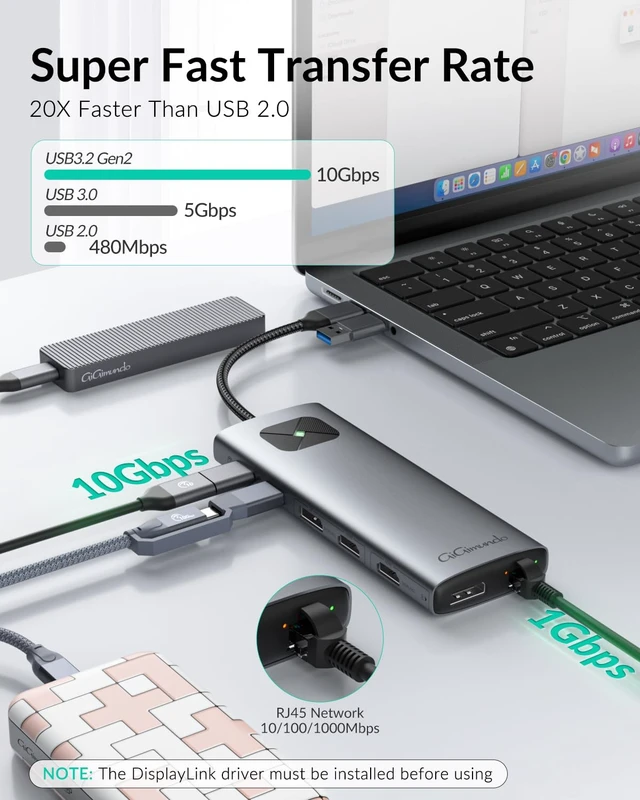 Alt view image 7 of 7 - LK10 10 in 1 Docking Station with Triple Display for Windows 2 x HDMI, 2 x DP, 3 x USB-A 10 Gbps, 1 Gbps Ethernet, 100W PD, 3.5MM Audio, compatible with M1/M2/M3 Macbook Neo/Dell/HP