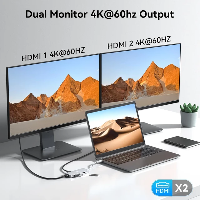 Alt view image 3 of 7 - USB C to Dual HDMI Adapter Docking Station Dual 4K Monitor for Laptop USB C Hub with 2 HDMI, 3*USB A Port, PD 100W, Monitor Dock Compatible for HP Elitebook,Dell XPS 13 15 etc (Silver)