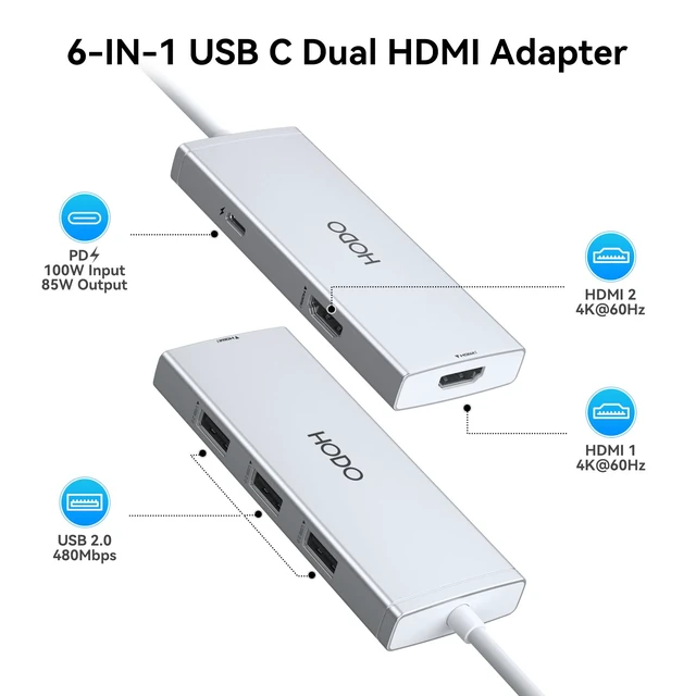 Alt view image 2 of 7 - USB C to Dual HDMI Adapter Docking Station Dual 4K Monitor for Laptop USB C Hub with 2 HDMI, 3*USB A Port, PD 100W, Monitor Dock Compatible for HP Elitebook,Dell XPS 13 15 etc (Silver)