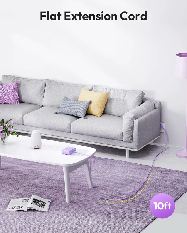 Alt view image 6 of 7 - Purple Power Strip, 25W Max 8-in-1 with 4 AC, 4 USB(2 USB C) 10ft Flat Extension Cord, Power Strip with USB Ports, Outlet Extender for Home Office, School Dorm Room Essentials