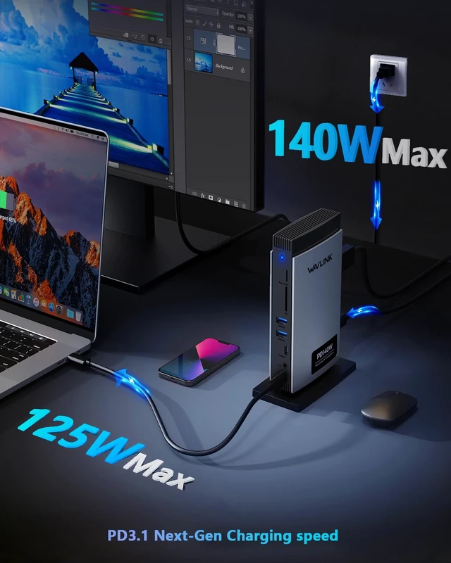 Alt view image 2 of 7 - Laptop Docking Station 3 Monitors(Max Resolution: Single 8K or Triple 4K), 11-in-1 USB C Docking Station with 125W PD3.1 Pass-Through & Power Adapter, HDMI + 2* DP, for MacBook M1M4 & Windows