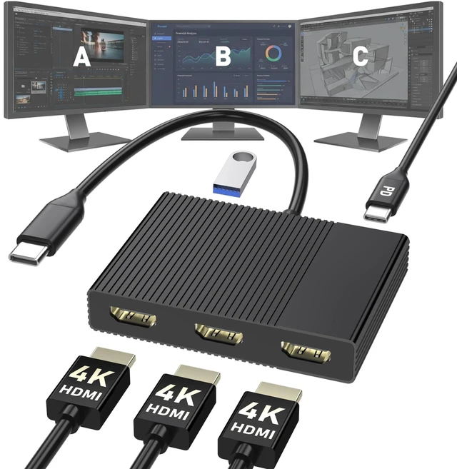 Main image of USB C to 3 HDMI Splitter Extended Display for 3 Monitors with PD/USB3.0 | 3 HDMI Docking Station Triple Monitor, 4K@60Hz HDMI Splitter 1 IN 3 OUT Extended Display, USB C to HDMi Multi Port Adapter