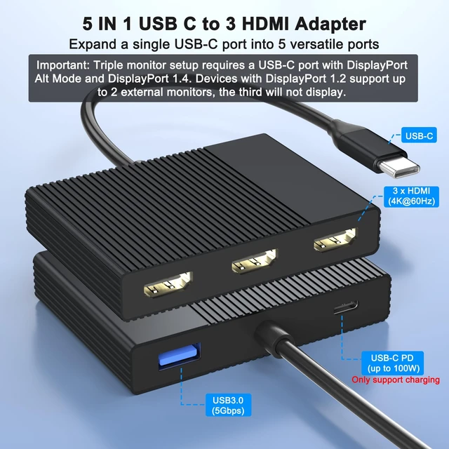 Alt view image 2 of 7 - USB C to 3 HDMI Splitter Extended Display for 3 Monitors with PD/USB3.0 | 3 HDMI Docking Station Triple Monitor, 4K@60Hz HDMI Splitter 1 IN 3 OUT Extended Display, USB C to HDMi Multi Port Adapter