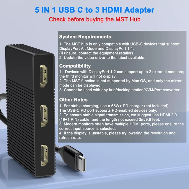 Alt view image 7 of 7 - USB C to 3 HDMI Splitter Extended Display for 3 Monitors with PD/USB3.0 | 3 HDMI Docking Station Triple Monitor, 4K@60Hz HDMI Splitter 1 IN 3 OUT Extended Display, USB C to HDMi Multi Port Adapter