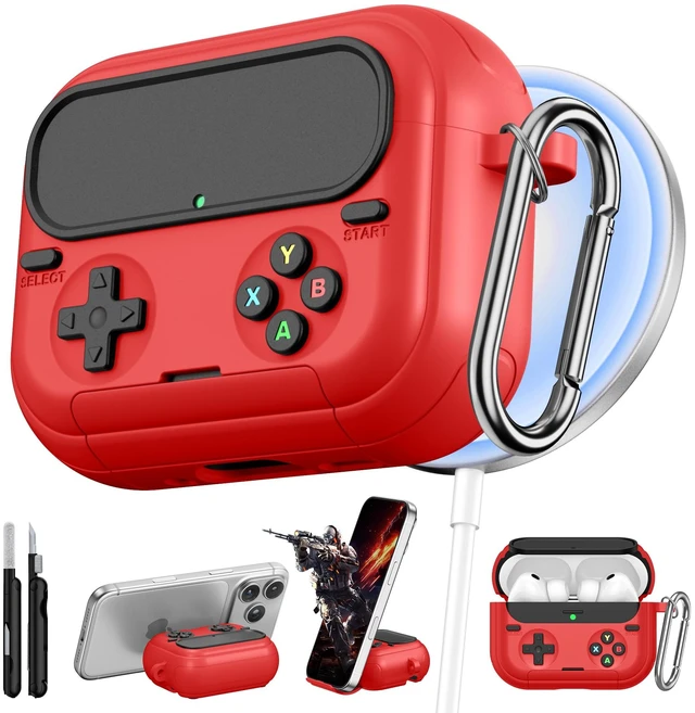 Main image of Retro Game Case for AirPods Pro 3 Game Console Design Protective Cover with Foldable Stand, Secure Lock Anti-Drop Shockproof PC+TPU Case, Keychain & Cleaning Kit for Men & Boys, Red