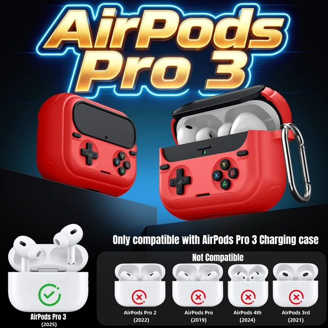 Alt view image 2 of 7 - Retro Game Case for AirPods Pro 3 Game Console Design Protective Cover with Foldable Stand, Secure Lock Anti-Drop Shockproof PC+TPU Case, Keychain & Cleaning Kit for Men & Boys, Red