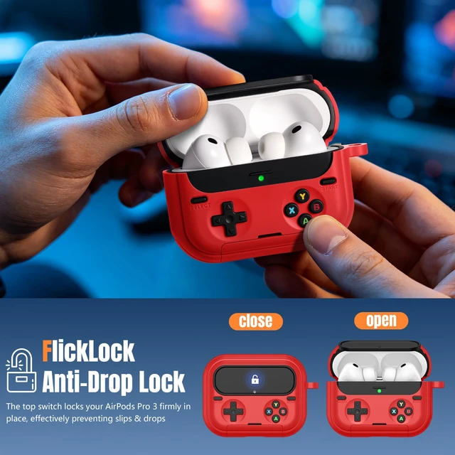 Alt view image 5 of 7 - Retro Game Case for AirPods Pro 3 Game Console Design Protective Cover with Foldable Stand, Secure Lock Anti-Drop Shockproof PC+TPU Case, Keychain & Cleaning Kit for Men & Boys, Red