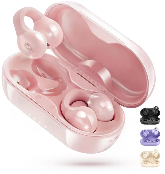 Main image of King Lucky i21 Open Ear Clip On Earbuds Wireless Bluetooth Ear Clip Headphones with Mic,Noise Cancelling, Waterproof IPX4,for Small Ears,Perfect for Running,Sports,Glasses Wearers (Pink)
