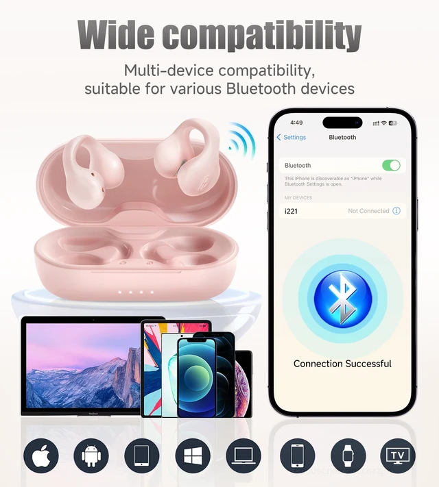 Alt view image 7 of 7 - King Lucky i21 Open Ear Clip On Earbuds Wireless Bluetooth Ear Clip Headphones with Mic,Noise Cancelling, Waterproof IPX4,for Small Ears,Perfect for Running,Sports,Glasses Wearers (Pink)