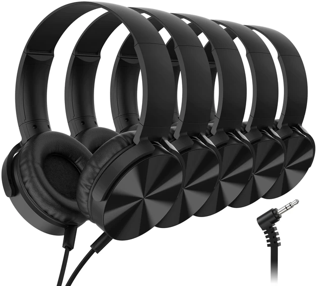 Main image of Kids Headphones Bulk 5 Pack, Durable Wired School Headphones for K-12 Classroom, Foldable Student Headphones for Library, Online Listening, Tablet, 3.5mm Jack, Black