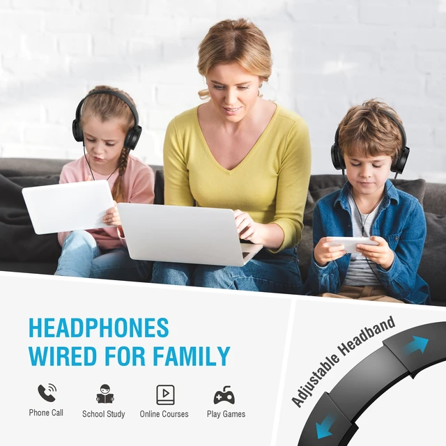 Alt view image 2 of 7 - Kids Headphones Bulk 5 Pack, Durable Wired School Headphones for K-12 Classroom, Foldable Student Headphones for Library, Online Listening, Tablet, 3.5mm Jack, Black