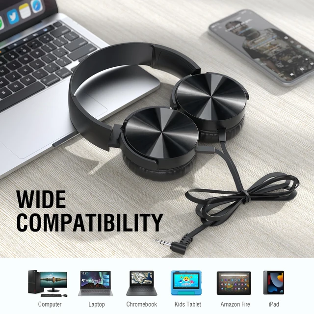 Alt view image 6 of 7 - Kids Headphones Bulk 5 Pack, Durable Wired School Headphones for K-12 Classroom, Foldable Student Headphones for Library, Online Listening, Tablet, 3.5mm Jack, Black
