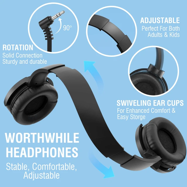 Alt view image 7 of 7 - Kids Headphones Bulk 5 Pack, Durable Wired School Headphones for K-12 Classroom, Foldable Student Headphones for Library, Online Listening, Tablet, 3.5mm Jack, Black