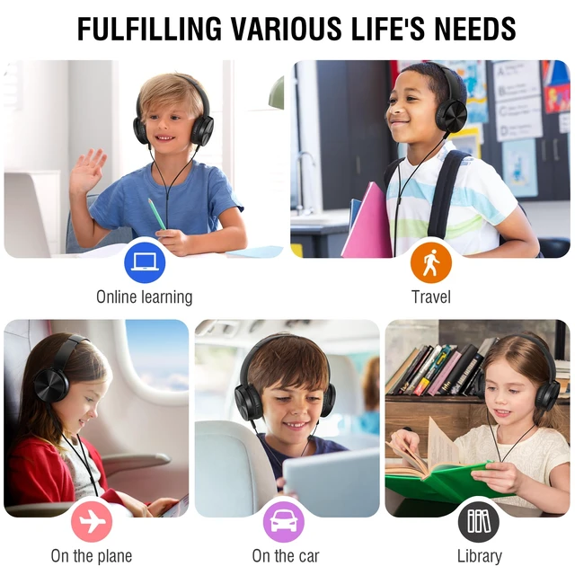 Alt view image 5 of 7 - Kids Headphones Bulk 5 Pack, Durable Wired School Headphones for K-12 Classroom, Foldable Student Headphones for Library, Online Listening, Tablet, 3.5mm Jack, Black