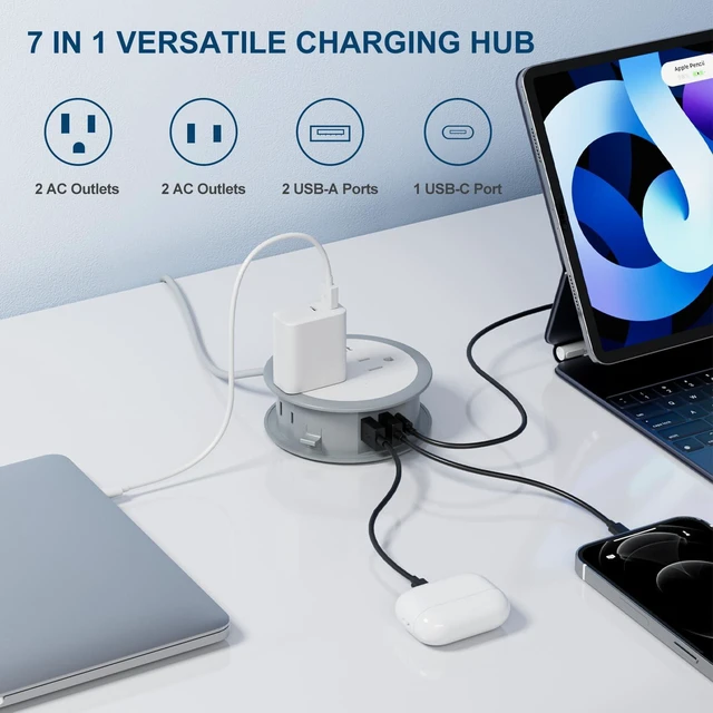 Alt view image 6 of 7 - Cruise Power Strip for Travel, 7 in 1 Extension Cord with 4 AC Outlets 2 USB-A and 1 USB-C Ports, 5 ft Flat Plug Wrapped Around Power Strip for Cruise Office, Hotel, Home