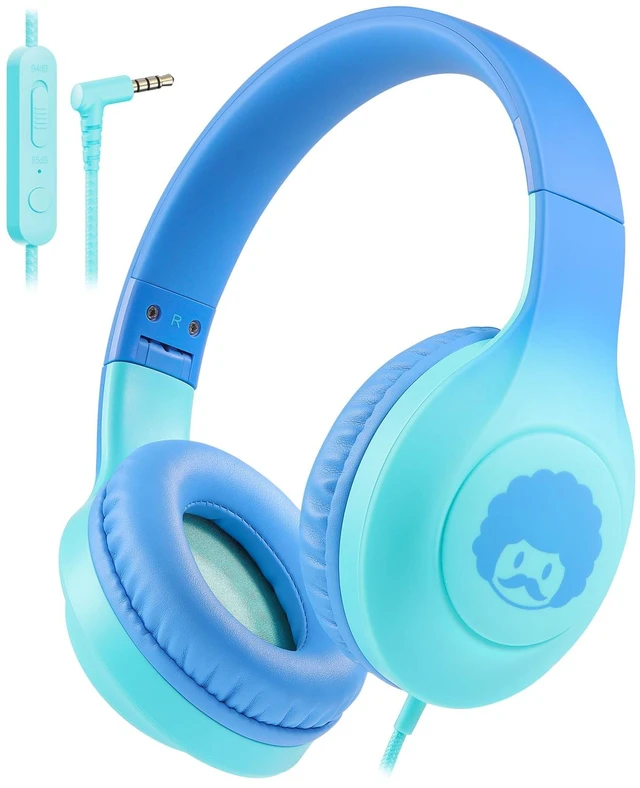 Main image of 3.5mm Wired Headphones for Kids with Microphone, 85/94dB Limiter Girls Boys Childs Head phones Foldable Stereo Lightweight for School Classroom Airplane Chromebooks Laptop Phones Blue Green