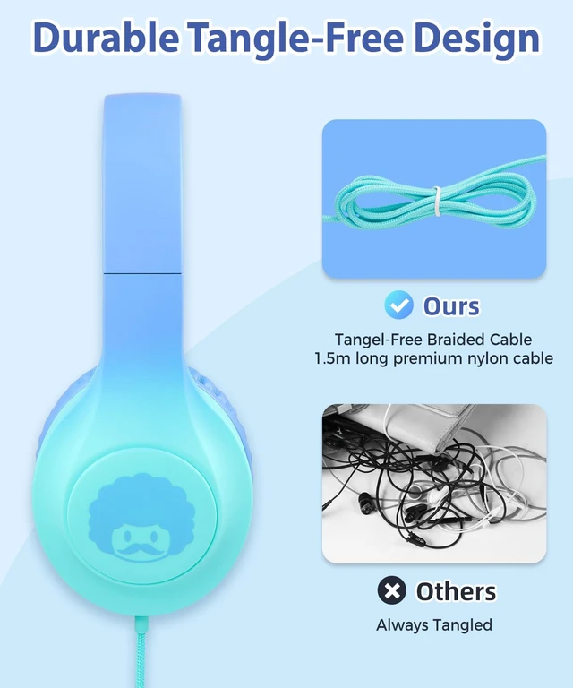 Alt view image 4 of 7 - 3.5mm Wired Headphones for Kids with Microphone, 85/94dB Limiter Girls Boys Childs Head phones Foldable Stereo Lightweight for School Classroom Airplane Chromebooks Laptop Phones Blue Green