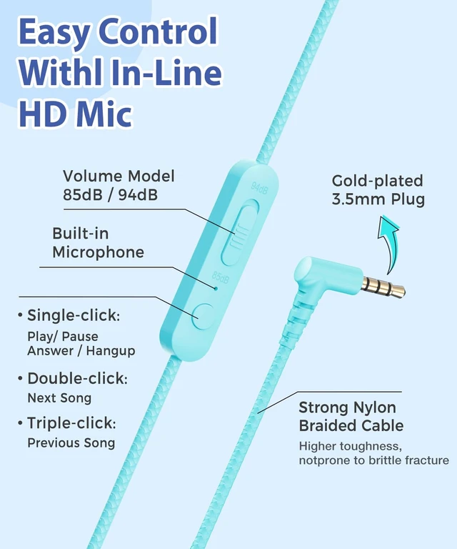 Alt view image 3 of 7 - 3.5mm Wired Headphones for Kids with Microphone, 85/94dB Limiter Girls Boys Childs Head phones Foldable Stereo Lightweight for School Classroom Airplane Chromebooks Laptop Phones Blue Green