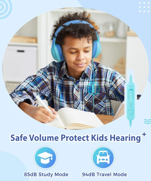 Alt view image 5 of 7 - 3.5mm Wired Headphones for Kids with Microphone, 85/94dB Limiter Girls Boys Childs Head phones Foldable Stereo Lightweight for School Classroom Airplane Chromebooks Laptop Phones Blue Green