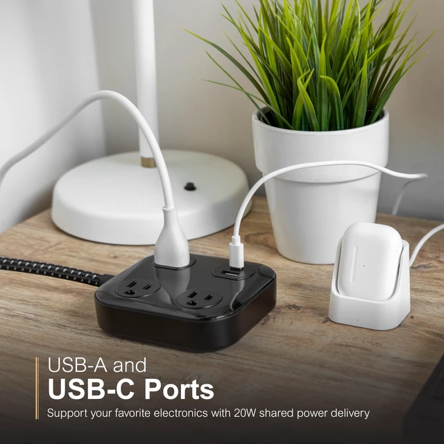 Alt view image 2 of 6 - UltraPro Sur Protector Power Strip with USB Ports 4 Ft Braided Extension Cord, 245 Joules, 3 Outlet Extender, 1 USB-A, 1 USB-C, Flat Plug, ETL Listed, Black, 82592