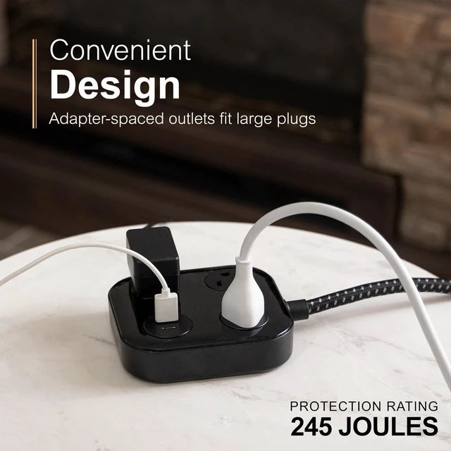 Alt view image 3 of 6 - UltraPro Sur Protector Power Strip with USB Ports 4 Ft Braided Extension Cord, 245 Joules, 3 Outlet Extender, 1 USB-A, 1 USB-C, Flat Plug, ETL Listed, Black, 82592
