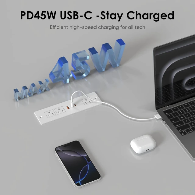 Alt view image 2 of 7 - 45W USB C Recessed Power Strip for Furniture Desk Flush Mount 10ft Recessed Power Outlet with 3 Outlets & 3 USB Ports, 800J Surge Protector for Furniture Drawer Conference Desk