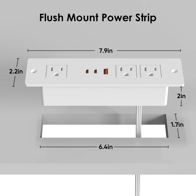 Alt view image 4 of 7 - 45W USB C Recessed Power Strip for Furniture Desk Flush Mount 10ft Recessed Power Outlet with 3 Outlets & 3 USB Ports, 800J Surge Protector for Furniture Drawer Conference Desk