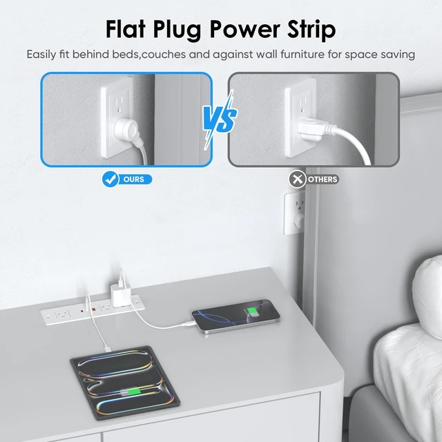 Alt view image 6 of 7 - 45W USB C Recessed Power Strip for Furniture Desk Flush Mount 10ft Recessed Power Outlet with 3 Outlets & 3 USB Ports, 800J Surge Protector for Furniture Drawer Conference Desk