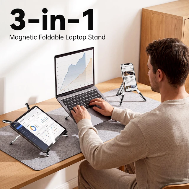 Alt view image 2 of 7 - Portable Laptop Stand, 3-in-1 Magnetic Foldable Adjustable, for DeskWhite Aluminum alloy, lightweight compact, 8-level height, ergonomic, for phone/tablet, home office/travel
