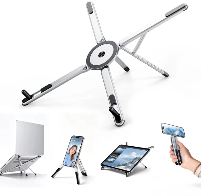 Main image of Portable Laptop Stand, 3-in-1 Magnetic Foldable Adjustable, for DeskWhite Aluminum alloy, lightweight compact, 8-level height, ergonomic, for phone/tablet, home office/travel