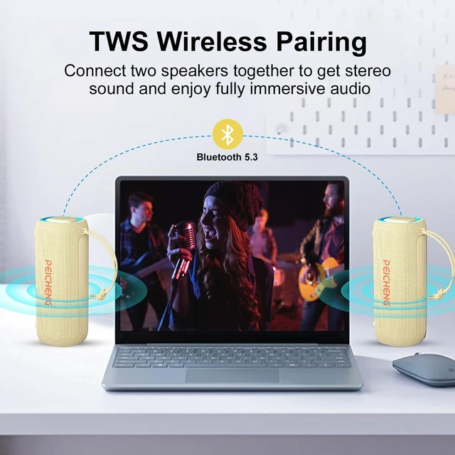 Alt view image 4 of 7 - Bluetooth Speaker, Portable Wireless Clear Loud Stereo Sound IPX5 Waterproof with RGB Lights BT5.3 Long Playtime TWS Pairing,for Home Party Outdoor Beach,Great Gift Choice (Beige)