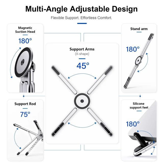 Alt view image 4 of 7 - Portable Laptop Stand, 3-in-1 Magnetic Foldable Adjustable, for DeskWhite Aluminum alloy, lightweight compact, 8-level height, ergonomic, for phone/tablet, home office/travel